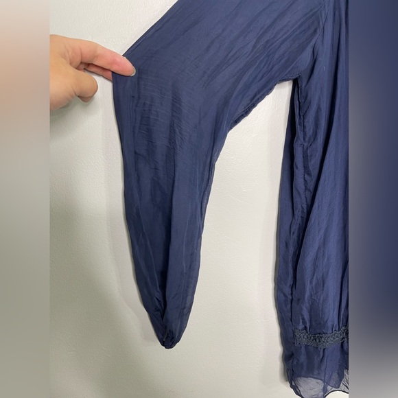 Giulia Made in Italy Boho Flowy Silk Top Blue Lace Relaxed Fit Size L - Picture 2 of 10